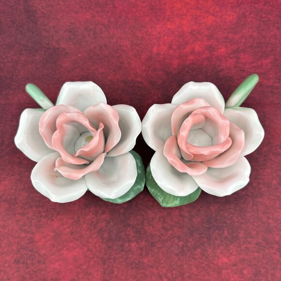 CAPODIMONTE PALE PINK ROSE VINTAGE CANDLE HOLDER SITTING GREEN STEM, SET of 2 - Picture 3 of 8